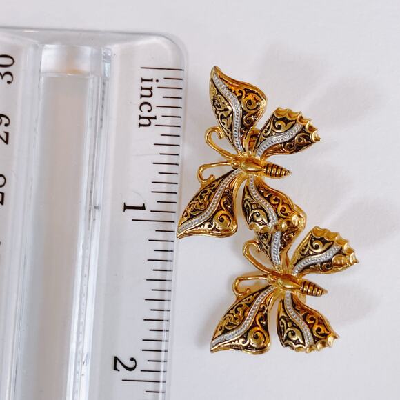 Mid Century Gold Tone Double Butterfly Brooch with Enamel Scrollwork Detail - Picture 6 of 8